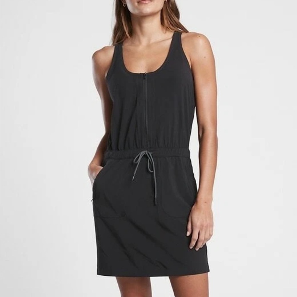 Athleta Black Sleeveless Zip-Front Drawstring Waist Mini Dress